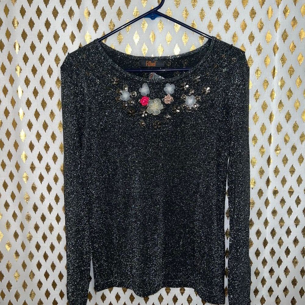 NWT fillnel WOMEN’S LONG SLEEVE METALLIC BEJEWELED SHIRT SWEATER blouse size S